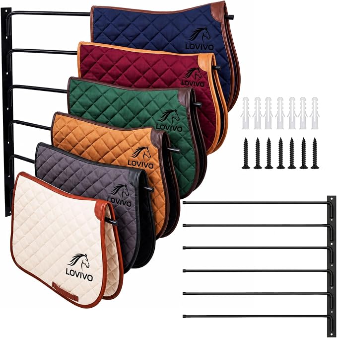 6-Tier Wall Mount Saddle Pad Rack, Heavy Duty Rotating Horse Tack Organizer | 6 Rotating Arms Saddle Pad Rack, corrosion-resistant finish，Heavy Duty Steel Holds 90 lbs, Wall Mounted Horse Tack Storage