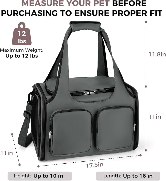 Dog Cat Carrier Airline Approved Collapsible Soft-Sided Pet Travel Bag | Pet Carrier Up to 12 lbs, Locking Zippers, Breathable Mesh, 4 Large Pockets, Removable Fleece Pad, Dark Grey