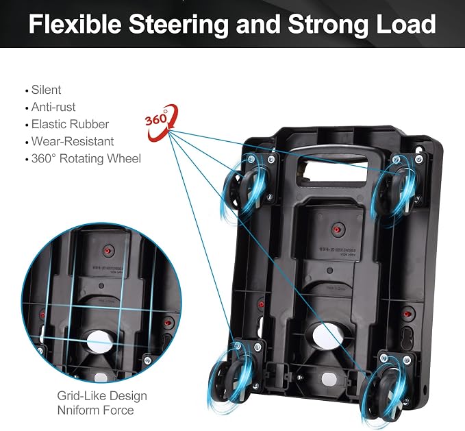 GtIiFmTe Foldable Hand Truck, Lightweight Luggage Cart for Airport Car Seat | Compact Folding dolly with Rotating swivel wheel,storage size12×15.7×4.1",300lbs Load,Upright Lock Handle with 3bungee cords