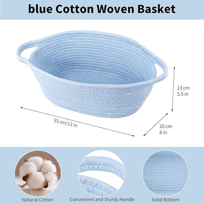 Baby Boy Woven Gift Basket for Gifts Empty Blue Storage Basket | Soft Cotton Rope for Organizing Raffle Events Baby Shower Nursery Bathroom Pet Toys Shelf Table Closet Storage