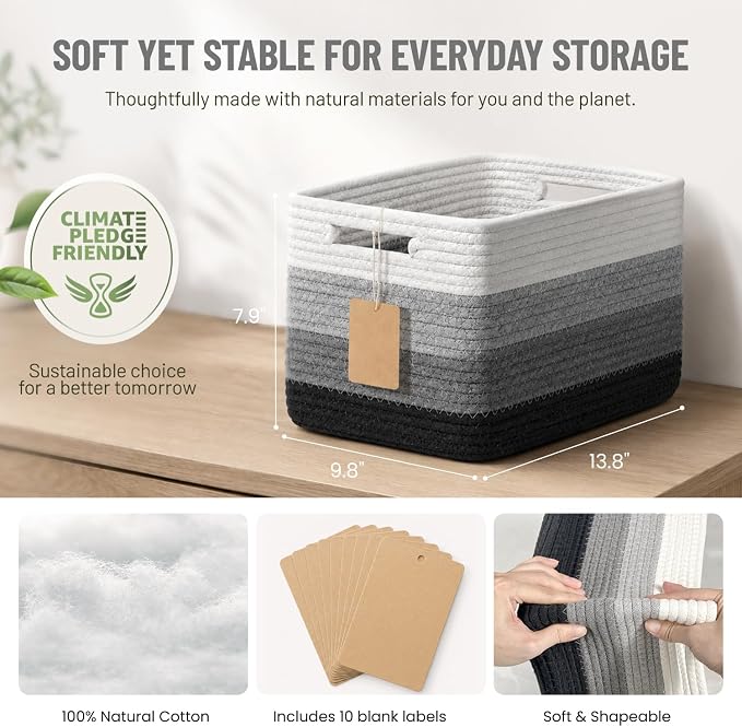 5 Pack Woven Storage Baskets, Decorative Storage Bins for Organizing | 13.8'' × 9.8'' × 7.9'', Cotton Rope Basket Organizer for Closet, Shelves, bathroom, Toys, Books, Pantry, Black/White Ombre