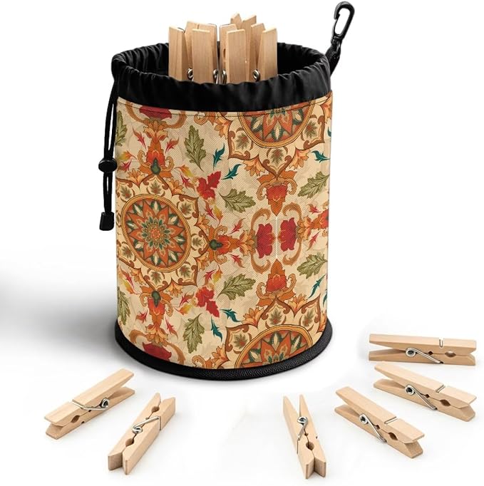 Clothespin Bag Holder Outside, Boho Mandala Print Hanging Clothes Pin Bag with Drawstring Closure, Ventilation and Large-Capacity Clothespin Storage Organizer with Hooks