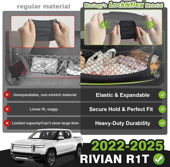 Muslogy Cargo Net for Rivian R1T 2026 2025 2024 2023 2022 Accessories | Custom Fit, Truck Bed Storage Organizer Net for Pickup Truck Bed Divider, Heavy Duty Carabiners, Night Visible Grab Handle