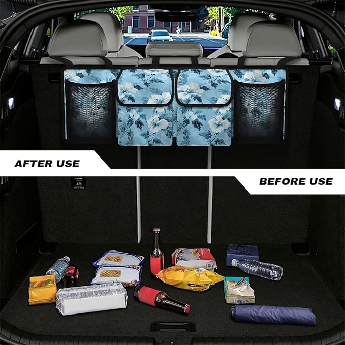 Dreaweet Blue Hibiscus Flower Trunk Organizer for Car Women Hanging Back Seat Storage with 4 Pockets Collapsible Car Cargo Trunk Storage Organizer Bag for Truck,SUV,Van with Adjustable Straps