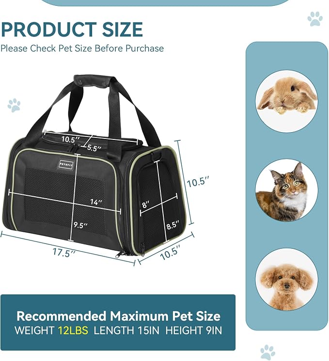 PETSFIT Pet Carrier Airline Approved with Extendable Mat, Dog Carriers for Small Dogs, TSA Approved Pet Carrier, Puppy Carrier for Small and Medium Cats Under 12 Lbs, Black | Airline Approved, Extendable Mat, TSA Approved, For Dogs & Cats Under 12 Lbs