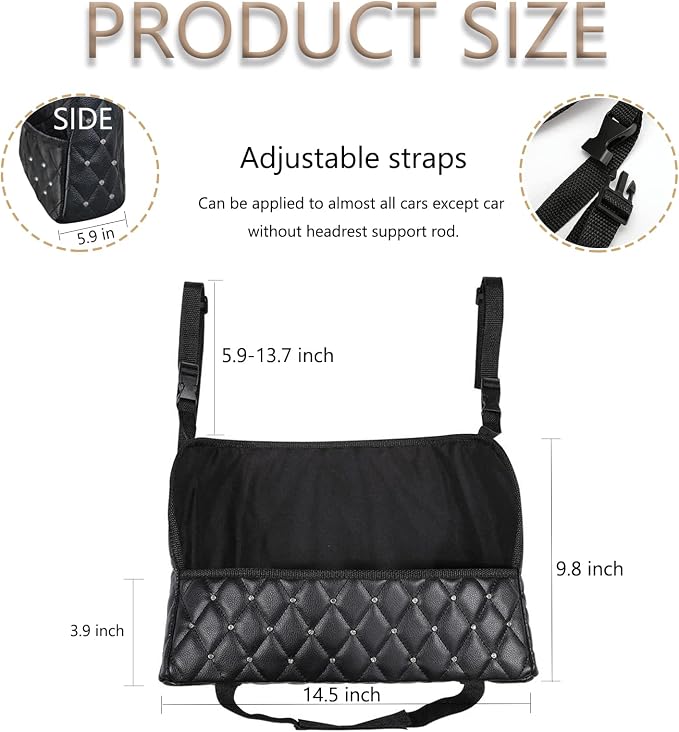Car Net Pocket Handbag Holder with Diamond Bling Driver Netting Pouch, Handbag Holder Front Seat, Barrier of Backseat Pet Kids Storage & Pocket (Black with Diamond)