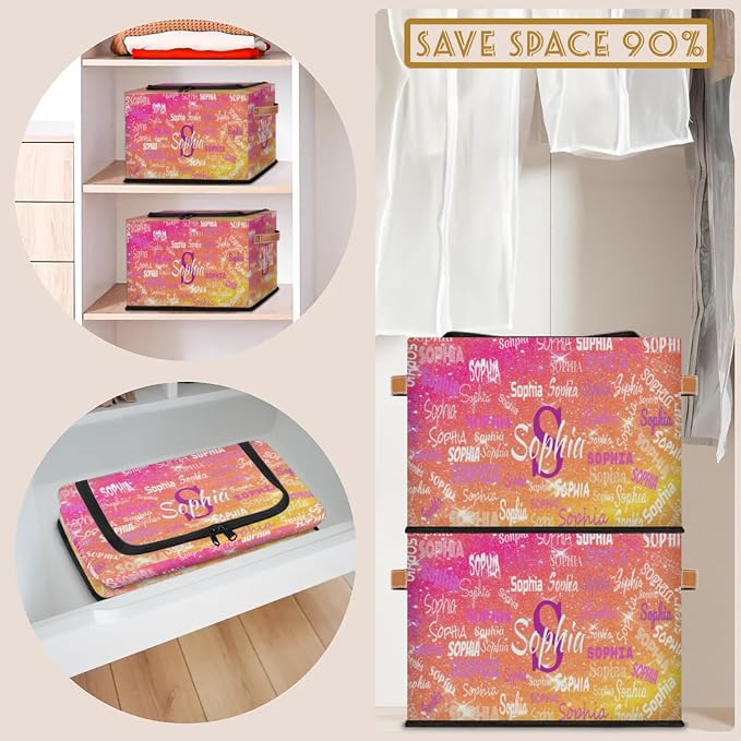 Personalized Foldable Storage Basket with Name, Zipper Lid Laundry Hamper Dirty Clothes Pet Toys Storage Bin for Shelf Home Closet Kitchen, Gradient Red Orange Yellow Glittering Galaxy