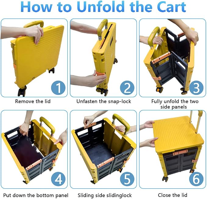 FELICON SELORSS Foldable Utility Cart Folding Portable Rolling Crate-Yellow | Durable,Heavy Duty,Plastic Box,Telescoping Handle,4 Rotate Wheels,Collapsible Handcart for Travel Shop Move Luggage Office