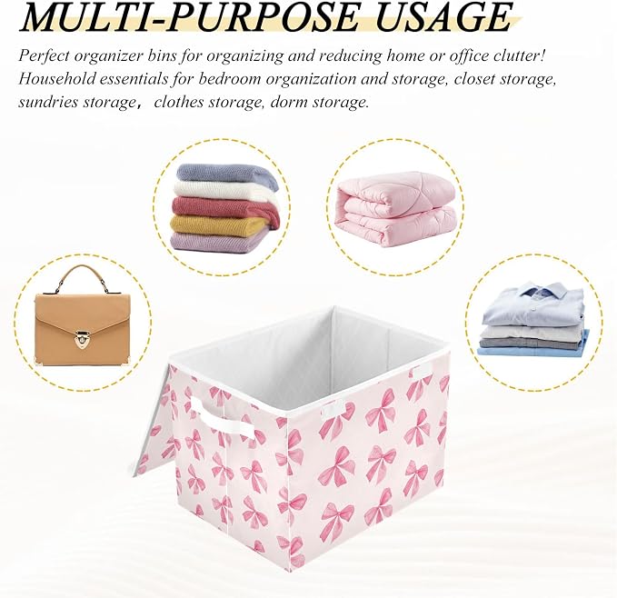 Pink Bow Storage Bins with Lids and Carrying Handle,Foldable Storage Boxes Organizer Containers Baskets Cube with Cover for Home Bedroom Closet Office