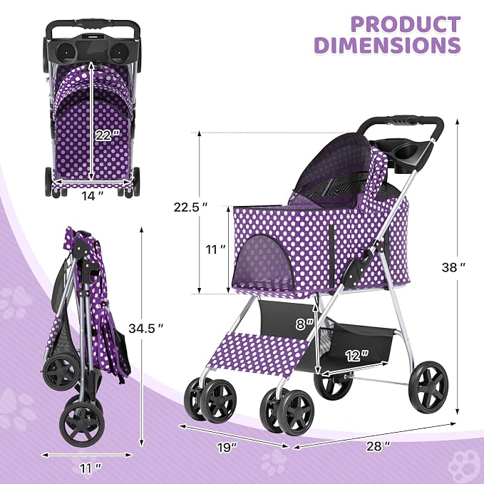 Magshion 3-in-1 Foldable Pet Stroller for Small to Medium Dogs and Cats | Dog Travel Jogger with Detachable Carrier, Cup Holder & Storage Basket, For Small/Medium Dogs & Cats Up to 33 lbs