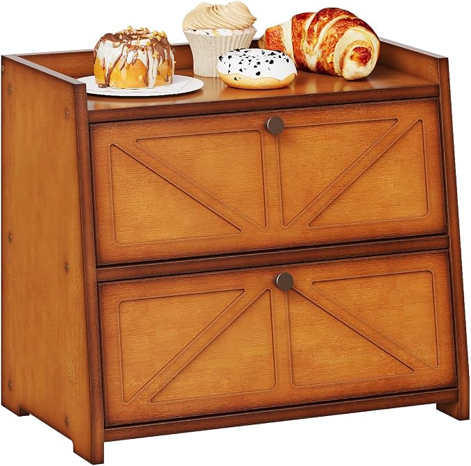 Trironsun Vintage Double Layer Bread Box for Kitchen Counter Bamboo Bread Storage Container Large Capacity Bread Storage Bin