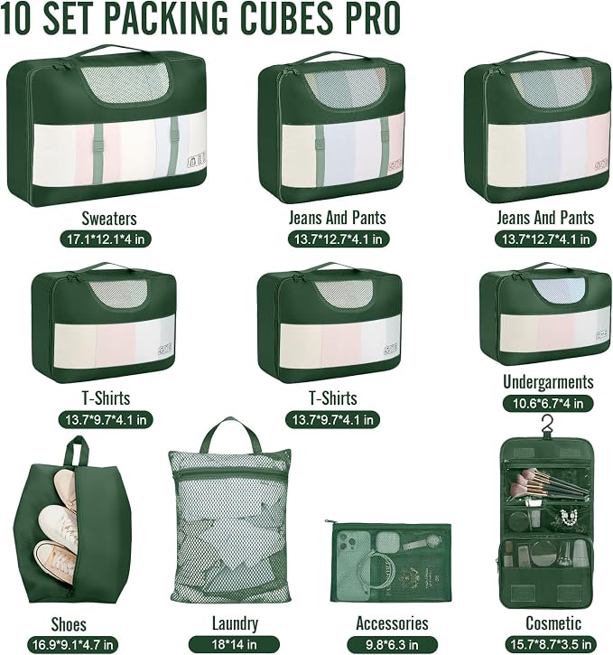 Veken 10 Set Packing Cubes for Travel Essentials, Suitcase Organizer Bags in 4 Sizes, Carry-On Luggage Accessories with Laundry Bag, Airplane Must Have with 99-Count Mesh Holes