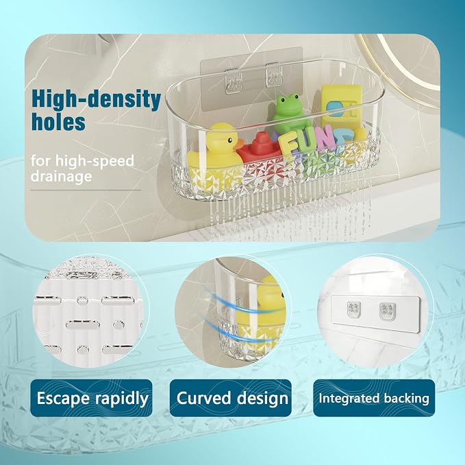 Bath Toy Storage Holder, Bathtub Organizer with Drain Holes, Clear 2 Pack | Large Capacity Clear safe Clear Adhesive Shower Caddy Resistance, No Rust, No Drill Plastic Wall Mounted shower caddy