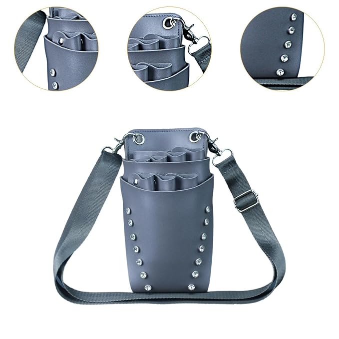 Scissors Pouch Hairdressing Scissors Bag Salon Hairstylist Tool Organizer PU Leather Waist Belt Shear Case Suitable for barbers pet groomers, Gray