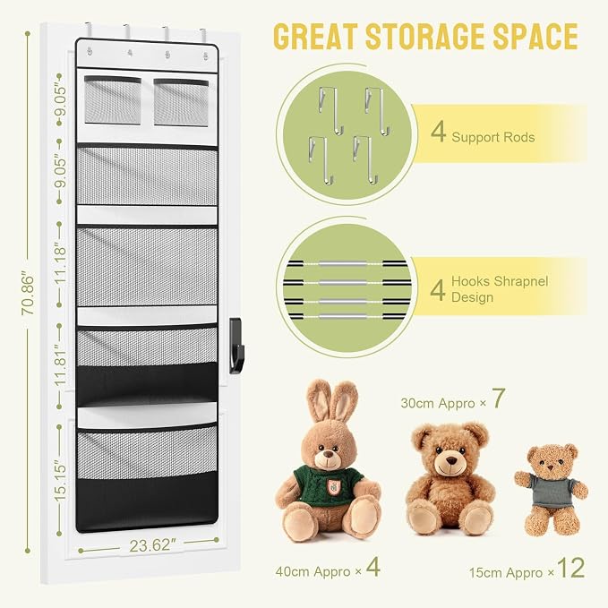 Yecaye Stuffed Animal Storage, Hanging Organizer for Stuffed Animals with 6 Expandable Mesh Net Pockets, Stuffed Animal Hammock, Over the Door Organizer, Black