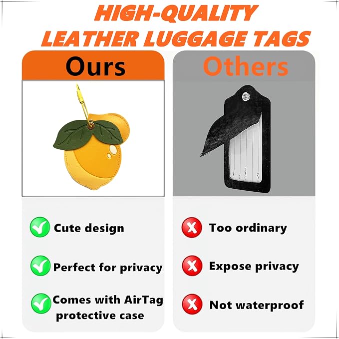 PU Leather Luggage Tag with Airtag Holder Case Set and Name ID Label | Hidden Compartment for AirTag Travel Suitcase Tracking Case with Stainless Steel Loop,Cute Fruit Plant Animals Styles,Lemon
