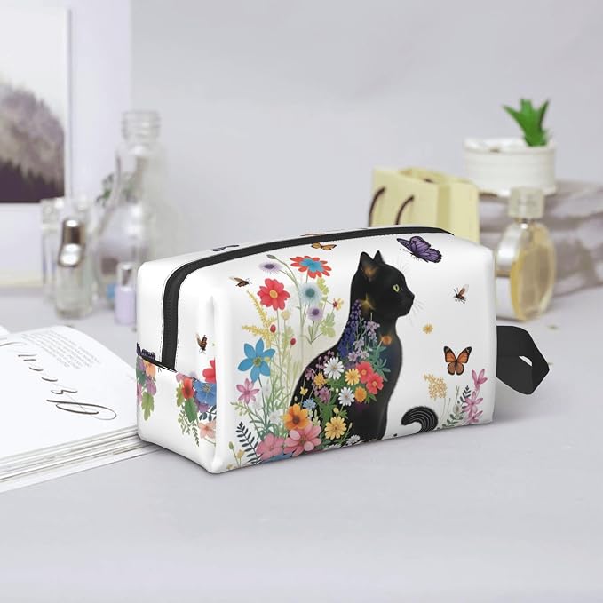 Floral Cat Silhouette Makeup Bag - Durable 600D Oxford Fabric Travel Cosmetic Bag, Shockproof Foam Padded Toiletry Organizer for Gym & Daily Use 10x6.2x4.9 Inch