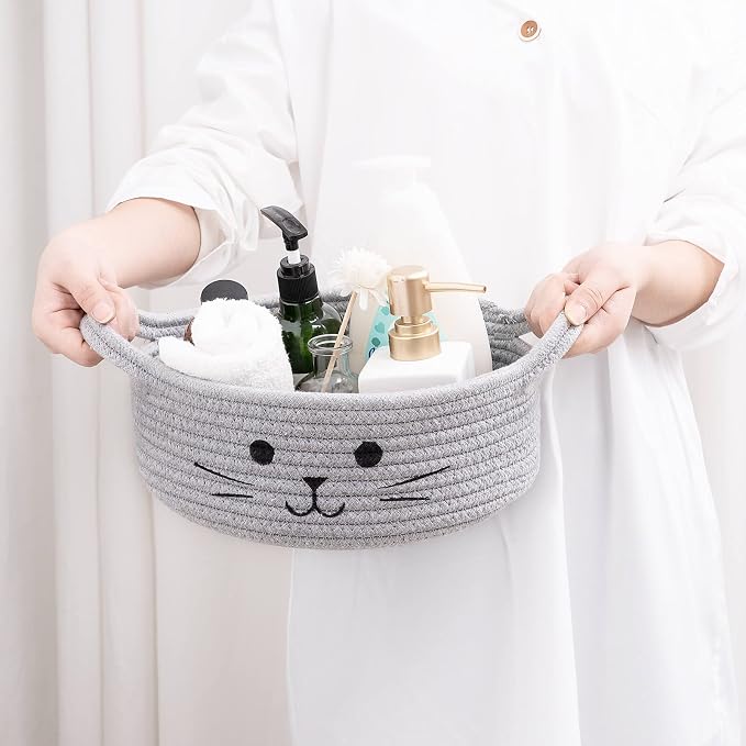 Small Woven Rope Cat Toy Basket with Cat Face Design, Grey | 9.8" x 4" Cute Toy Storage Bin for Living Room & Nursery, Pet Gift Basket Empty with Sturdy Handles