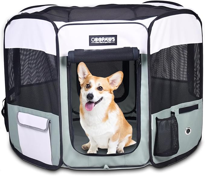 Jespet Soft Dog Playpen, Portable Pet Exercise Pen Kennel with Carry Bag | 2-Door, Easy to Fold, Ground Stakes, Zipper Locks, Large Storage Pocket, Washable Top Mesh Cover & Bottom Cover