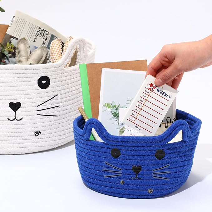 Zopeal Cat Storage Basket Woven Organizer with Ears Decorative Gift Cute Cotton Rope Pet Toy Basket for Gift Cat Dog Toy Bin Nursery Room(8.3 x 4.7 Inch,Royal Blue)