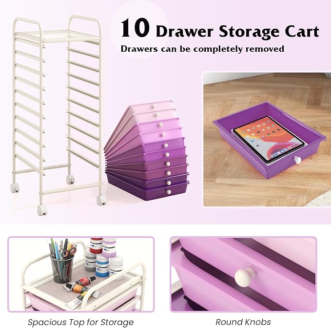 10 Drawer Rolling Storage Cart, Organization Cart on Drawers for Craft Makeup Paper Tool Art Supply, Versatile Utility Cart on Wheels for Home Office Classroom School (Gradient Purple)