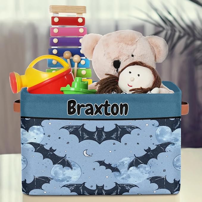 Personalized Storage Bins, Customized Name Storage Basket Rectangle Clothes Organizer for Organizing Kids and Pets Toys Shelf Closet, Dark Blue Bat with Stars