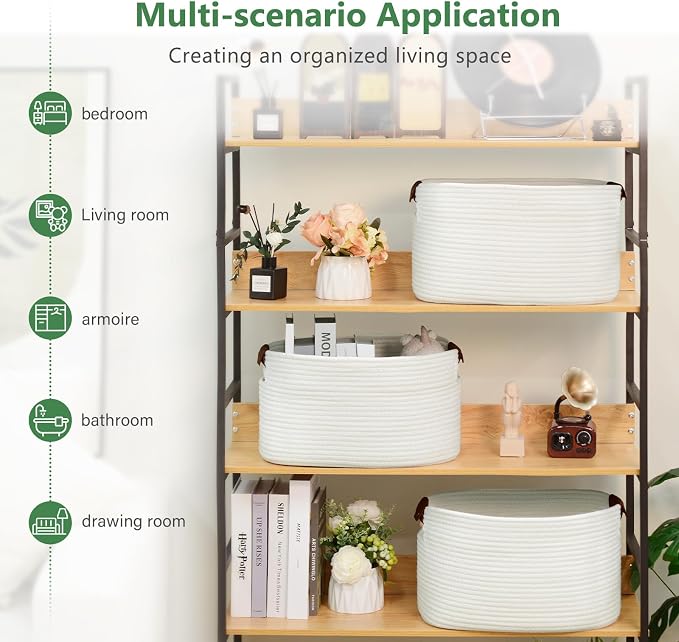 ECDYQXVU 15x10x9 Woven Cotton Rope Storage Basket, Leather Handles 1 Pack | Foldable Design, Sturdy PU Handles, Easy to Clean Organizer for Living Room, Closet, Shelves, Bedroom, Laundry, Clothes