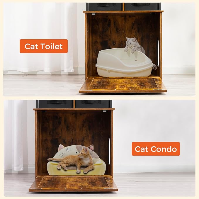 Dwanton Cat Litter Box Enclosure, 2 Storage Shelves and 2 Drawers, 50" H | 2-in-1 Hidden Cat Litter Box Enclosure Furniture with Shelf, Metal Frame, Reversible Entrance, Washable Drawers, Rustic Brown