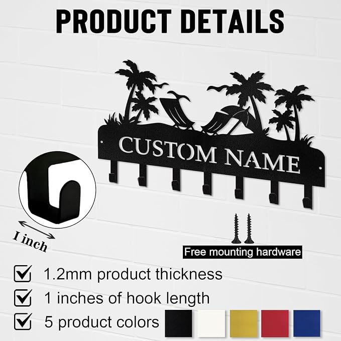 Personalized Key Holder for Wall, Custom Metal Key Hooks with Name | Rust-proof beach design rack for keys, hats, bags and leashes, with free hardware, ideal housewarming gift