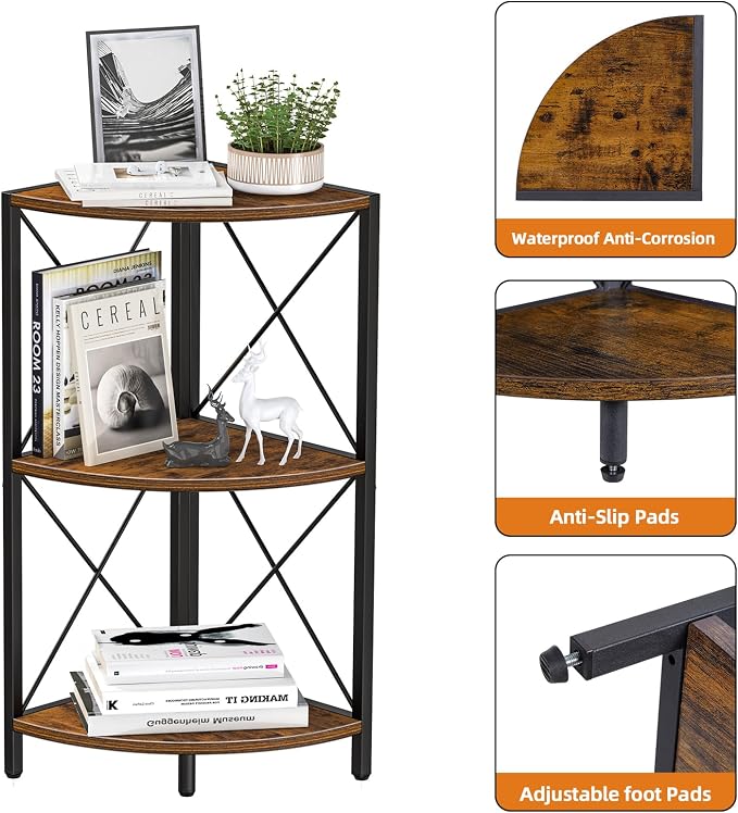 Snughome Corner Shelf with Metal Frame, 3 Tier Rustic Corner Storage Organizer, Freestanding Corner Bookshelf Stand Display Rack for Kitchen, Living Room