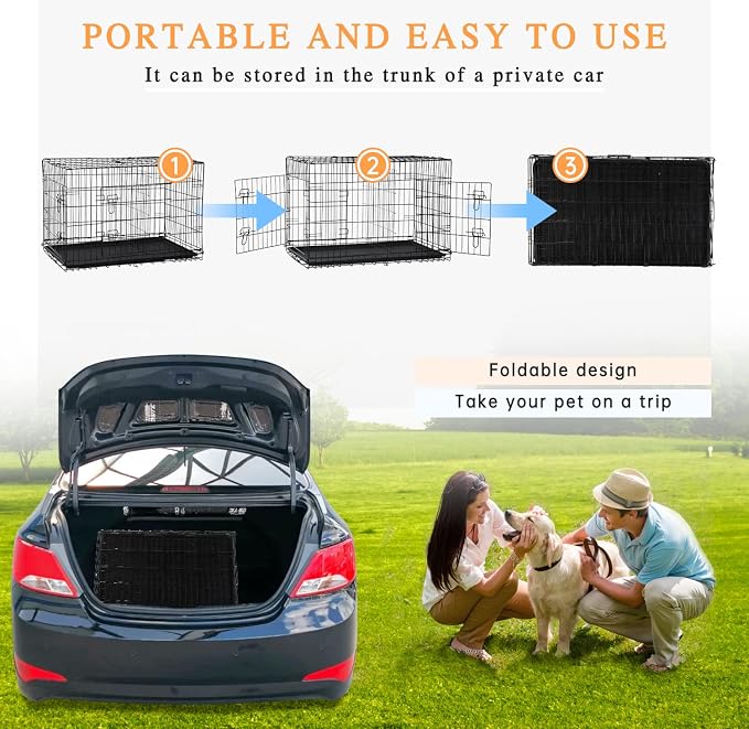 Dopinmin 42 Inches Dog Crate Double Door Pet Crate Black | Folding Metal Wire Dog Cage with Divider Panel Leak-Proof Plastic Pan Indoor Outdoor Pet Crates for Medium & Large Breed Pet