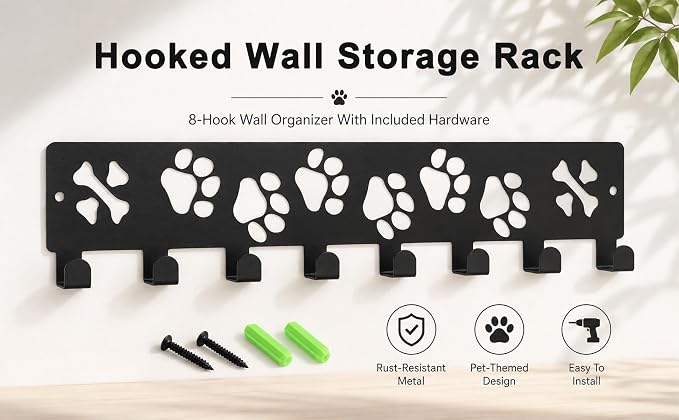 Dog Leash Holder for Wall, Key Holder Wall Mount, Cat Paws Design Metal Rack with 8 Hooks, Multi-Purpose Organizer Rack for Dog Leashes, Pet Collars, Toys, Treats & Household Keys