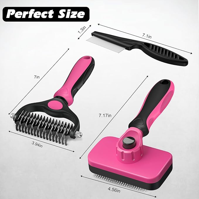 3PCS Self Cleaning Slicker Brush & Pet Grooming Rake & Flea Comb for Dogs,Cats and Horses | Double-Sided Dematting Comb & Skin Friendly Deshedding Grooming Tool (Red)
