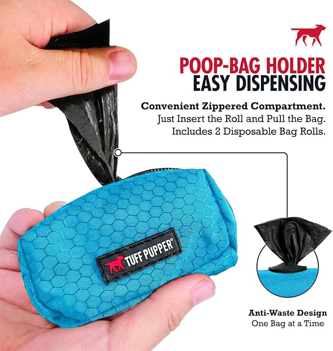 Tuff Pupper Dog Poop Bag Holder | Works with Any Dog Leash | Zippered Waste Bag Dispenser | Waterproof with Rust-Proof Clip | Convenient Lightweight Design | Includes 2 Rolls of Leak-Proof Bags