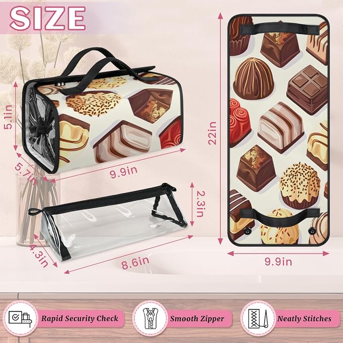 Chocolate Makeup Bag for Women Hanging Roll-Up Travel Organizer Toiletry Kit with 4 Removable Compartments, Food