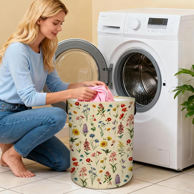 Flower Laundry Hamper, Waterproof Laundry Basket for Bedroom, 43L Round Collapsible Nursery Hamper Storage Bin with Handles for Toys, Storage Basket for Boy Girls, Room Decor, 13.8x17.7 in