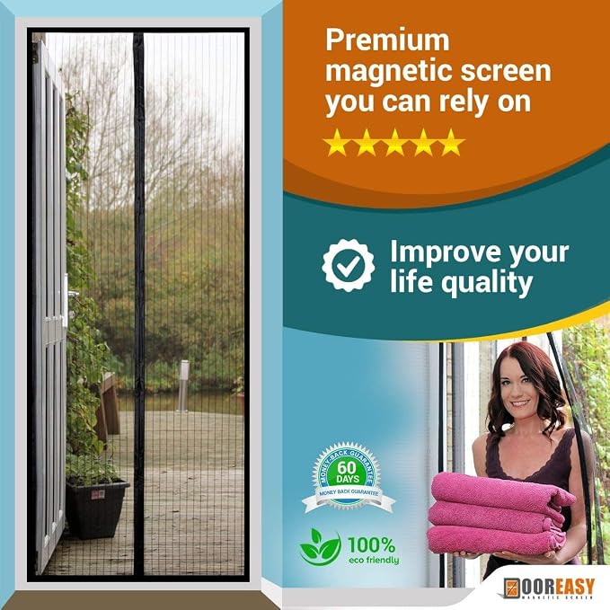 DOOREASY Magnetic Screen Door, Full Length Loop Sewn Polyester Mesh, Add-on Magnets and Weight Bars, Quick Close No Slightest Gap(Fits Doors Up to 34"x79")