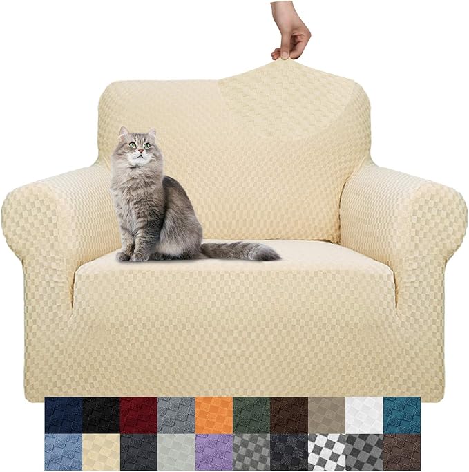 YEMYHOM Couch Cover Latest Jacquard Design High Stretch Sofa Chair Covers for Living Room, Pet Dog Cat Proof Armchair Slipcover Non Slip Magic Elastic Furniture Protector (Small, Beige)