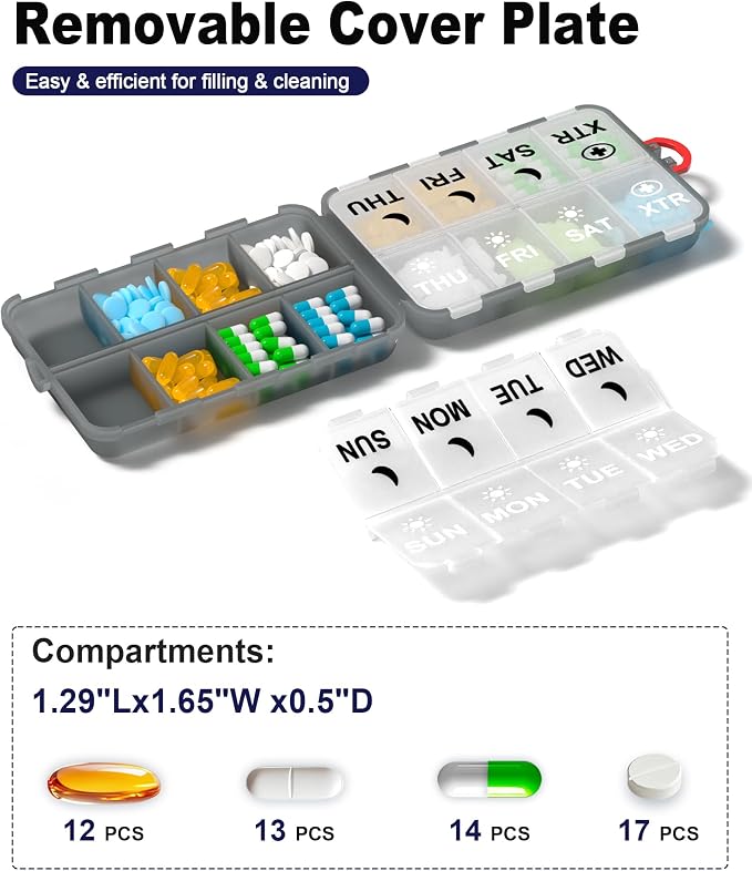 Pill Organizer Travel Medicine Organizer - Weekly Pill Organizer with 2 Extra Compartments, Clear Printed Labels, AM PM Pill Dispenser