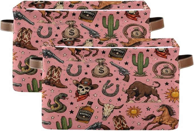 Kigai Storage Basket, Fabric Collapsible Closet Organizer Bin | Western Print Waterproof Foldable Canvas Basket with Handles for Shelves, Nursery, Closet, Bedroom & Bathroom