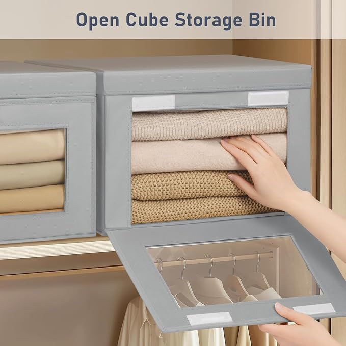DIMJ Storage Bins with Lids - 8 Pack Large Fabric Closet Organizer with Window & Handles, Collapsible Decorative Storage Boxes for Shelves Under Bed, Books Clothes Blankets Sweaters Organization