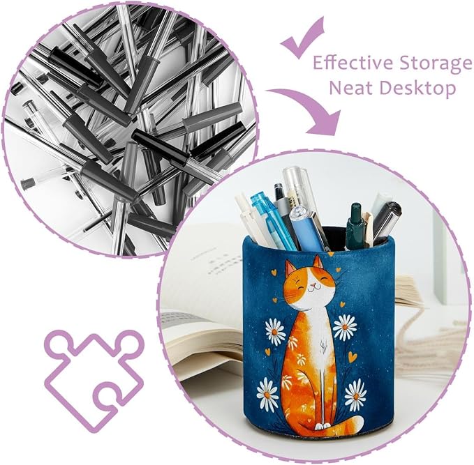 Faux Leather Pen Holder for Desk, Pencil Organizer Cute Cat Pen Cup Desk Decor Makeup Brush Holder Storage for Office Home