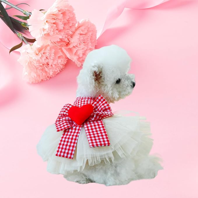 FLAdorepet Dog Dress with Leash Ring,Holiday Dog Clothes Love Heart Tulle Pet Dresses for Small Dogs Girls Party Outfit Puppy Cats Apparel(Red Heart, Large)
