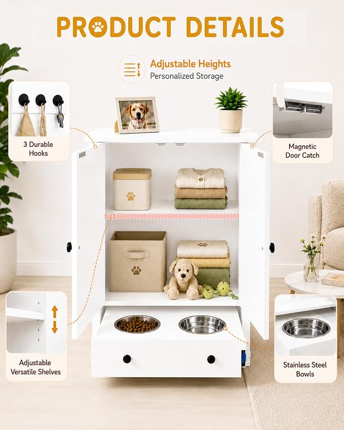 Dog Feeding Station with Storage Cabinet, Hidden Pull-Out Drawer | Metal Slide Rail, White Pet Food Storage Cabinet, 2 Elevated Bowls, Adjustable Shelf & 3 Hooks for Leashes, Collars, Toys