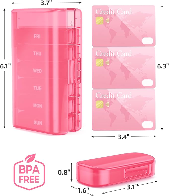 PULIV Weekly Pill Organizer with Large Capacity, Dual Protection (Pink) | Pill Box 7 Day, Arthritis Friendly Pill Case Easy to Open, Medicine Organizer for Vitamins, Medication, Fish Oils, Supplement