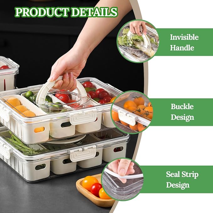 2 Pcs Salad Bar Containers for Fridge with Lid, Fruit Storage Veggie Tray | Salad Prep Container with 4 Removable Strainers, Berry Box Fresh Produce Saver Lettuce Keeper for Refrigerator Kitchen Picnic