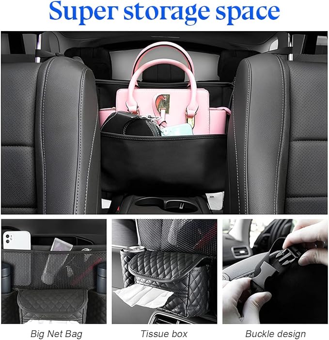 XINLIYA Car Handbag Holder Between Seats, PU Leather Multi-Pocket Large Capacity Purse Holder, Auto Net Bag Barrier of Backseat Pet Kids, Car Seat Organizers and Storage for Cargo Tissue Cup（Brown）