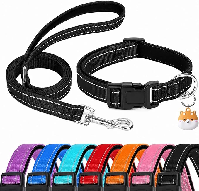 Reflective Soft Neoprene Padded Matching Dog Collar with Leash Airtag Holder Case Set Safety Breathable Adjustable Nylon Dog Collars for X-Small Small Medium Large Dogs-Black-S