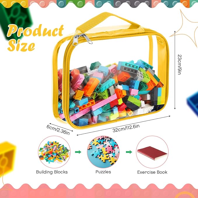 Sanwuta 6 Packs Toy Storage Bags with Zipper,Large,Bright Color | Clear Waterproof Games Storage， Large Portable PVC Container， Reusable Organizer for Board Games, Building Blocks, Puzzles
