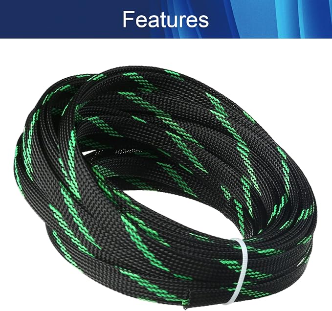 Jutagoss PET Expandable Braided Cable Sleeve, 32.8ft - 3/8 inch Black Fluorescent Green Cable Management Sleeve, Wire Loom Tube Cord Protector for USB Cable, Power Cord, Audio Video and More, 1Pc
